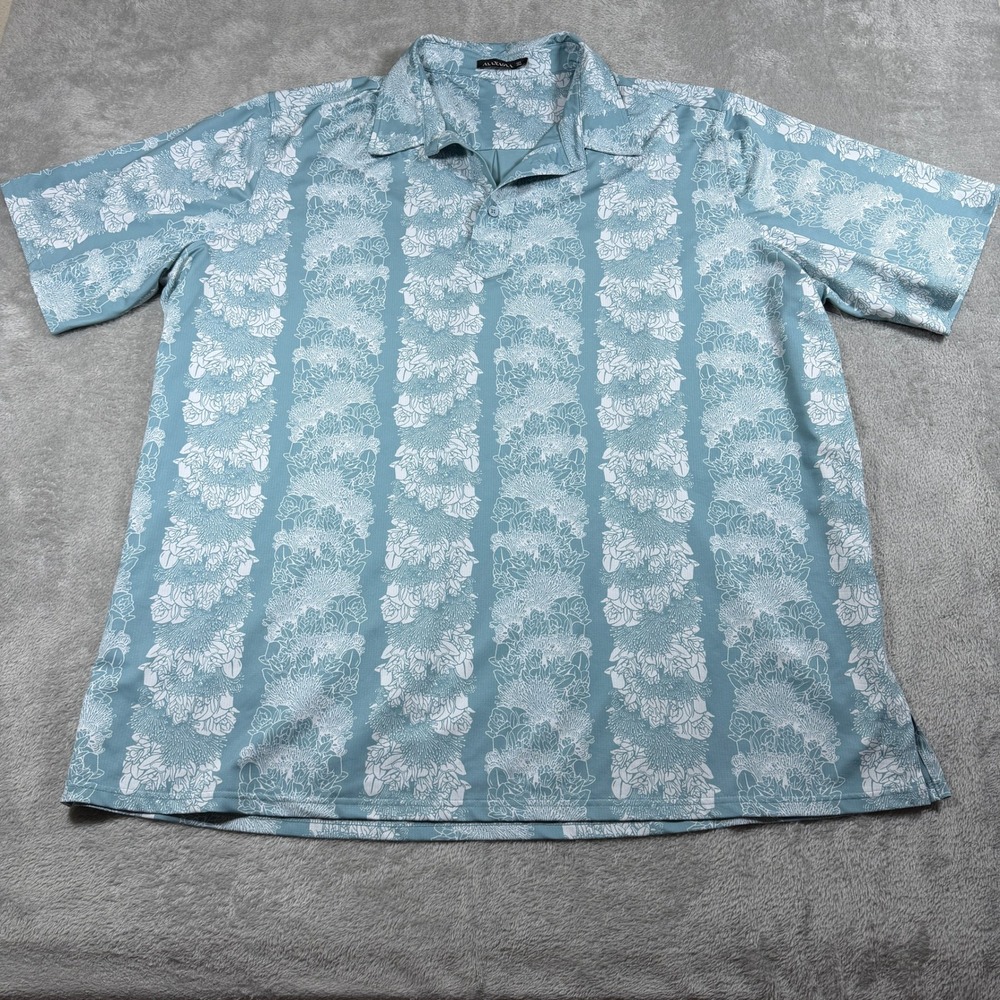 MANAOLA Polo Shirt‎ Mens 3XL Blue Floral Hawaiian Print Short Sleeve Performance